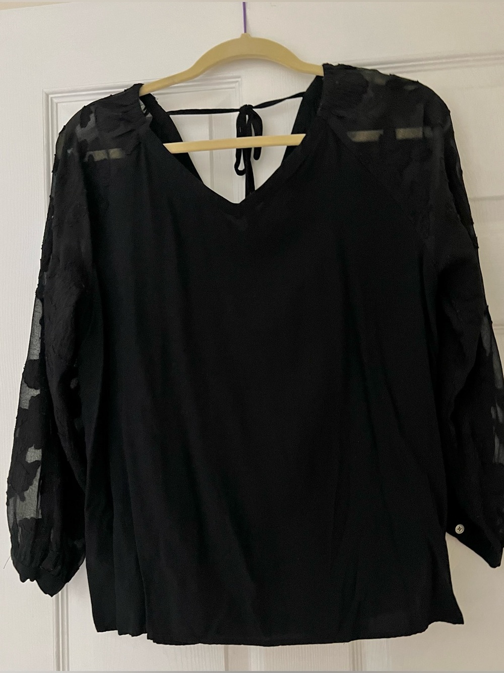 LOFT Womens Blouse Black, See-Thru Sleeves with Lace Appliqués - M